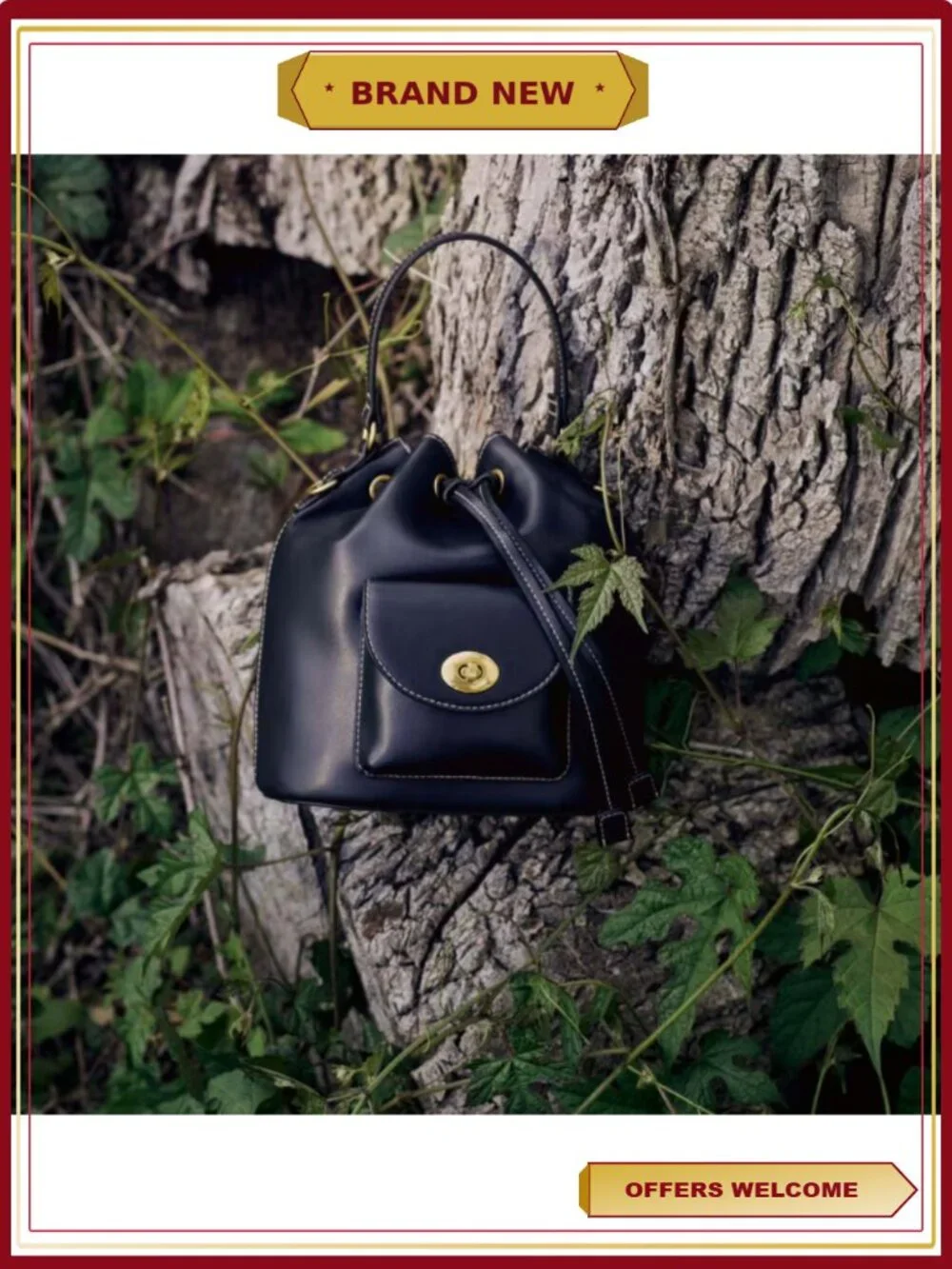 Faux Leather Drawstring Handbag with Gold-Tone Grommets